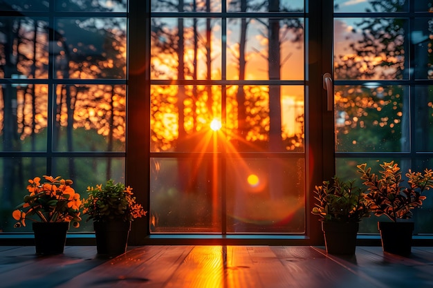 El sol brilla a través de la ventana con plantas en maceta IA generativa