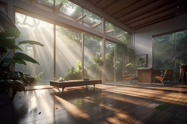 Un sol brilla a través de las ventanas de una sala de estar Imagen generativa de IA