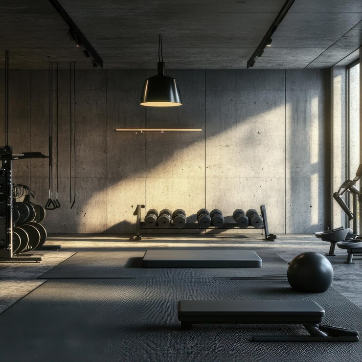 El sol brilla por la ventana en un gimnasio moderno vacío con pesas y equipos