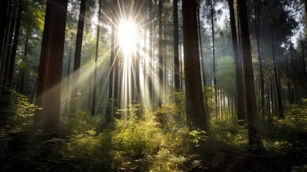 Sol brillando a través de los árboles en el bosque