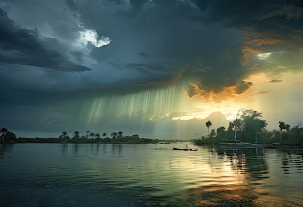 El sol brillando a través de las nubes sobre un río sereno