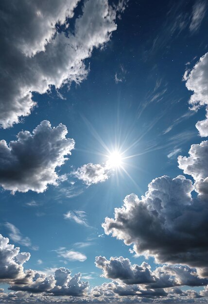 un sol brillante brilla a través de las nubes en un cielo azul