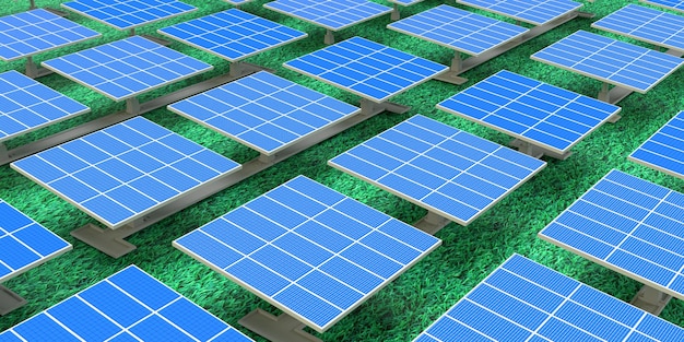 Sol Célula solar energia combustível central elétrica alternador sustentável painel fotovoltaico na grama fazenda campo decoração símbolo verde ambiente limpo tecnologia sistema industry3d render