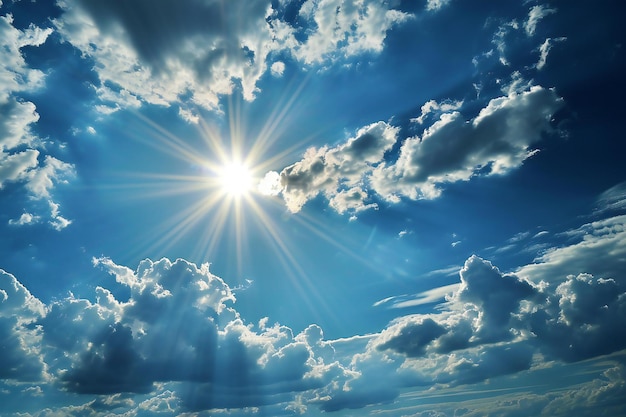 Sol en el cielo azul con nubes blancas y rayos de sol