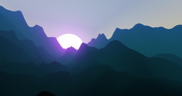 Sol de color púrpura brillante en las montañas. Ambiente atmosférico. Paisaje de render 3d. Entorno natural de fantasía. Ilustración de ciencia ficción. Reflejo de luces de neón con colores que soplan.