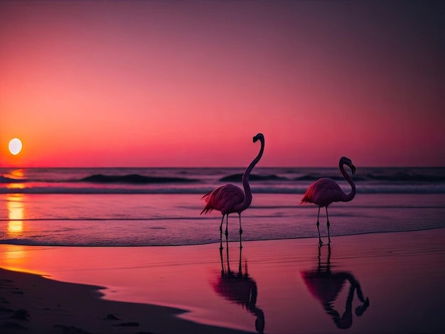 Sol de bokeh de praia de flamingo rosa definir plano de fundo ai generative