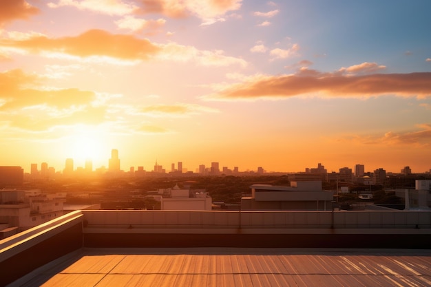 Sol de verão borra hora dourada céu quente ao pôr do sol com uma vista do telhado da cidade no fundo Ai gerado