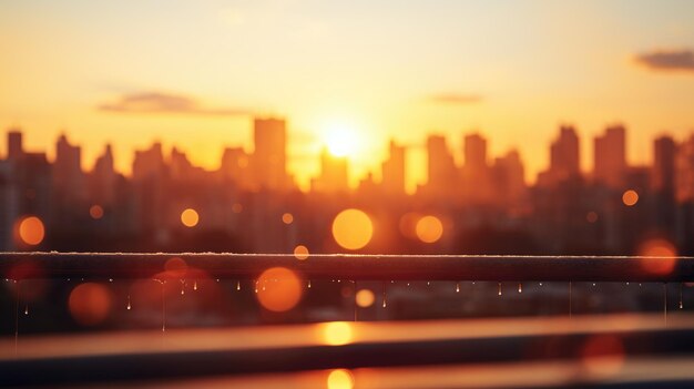 Foto sol de verão borrado hora dourada céu quente ao pôr do sol com vista do telhado da cidade ao fundo