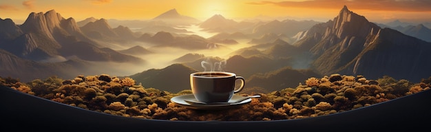 El sol desaparece detrás de las montañas y una taza de café.