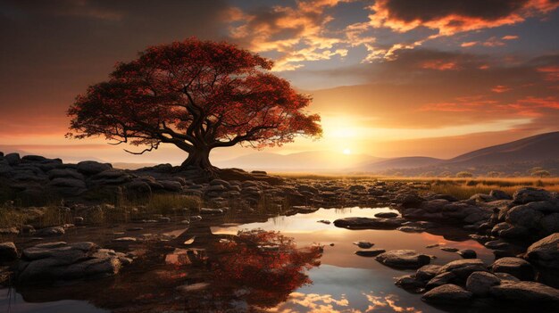 El sol detrás de un árbol en un campo en el fondo de la noche