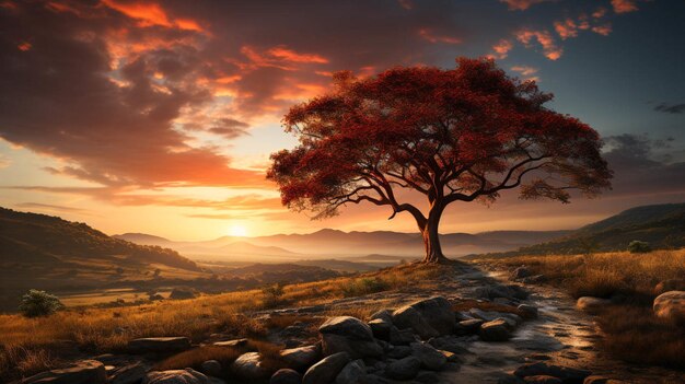 El sol detrás de un árbol en un campo en el fondo de la noche