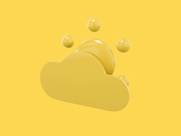 Sol de dibujos animados de un color amarillo detrás de la mitad de la vista de la nube sobre fondo plano amarillo Objeto de diseño minimalista icono de representación 3d elemento de interfaz ui ux