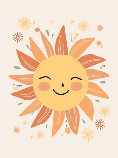 un sol de dibujos animados con una sonrisa en su rostro rodeado de flores ai generativo