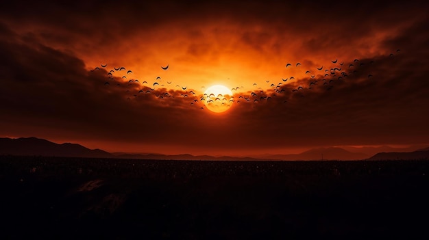 Sol enfurecido y cielo ardiente con un planeta negro