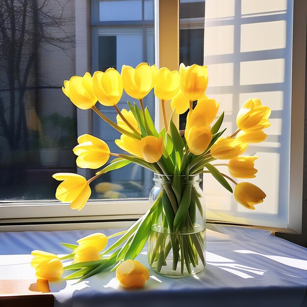 Foto el sol es espléndido, los tulipanes amarillos brillan a la luz del sol.