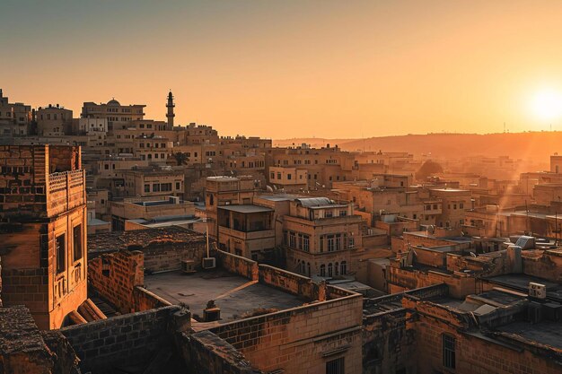 El sol se está poniendo sobre una ciudad con viejos edificios