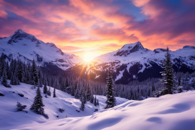 el sol se está poniendo sobre una cordillera nevada