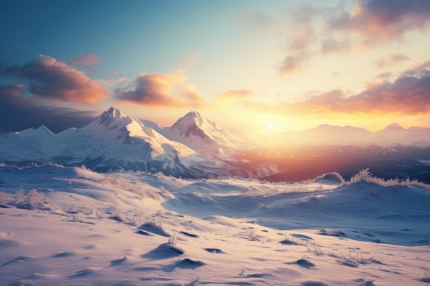 el sol se está poniendo sobre una cordillera nevada