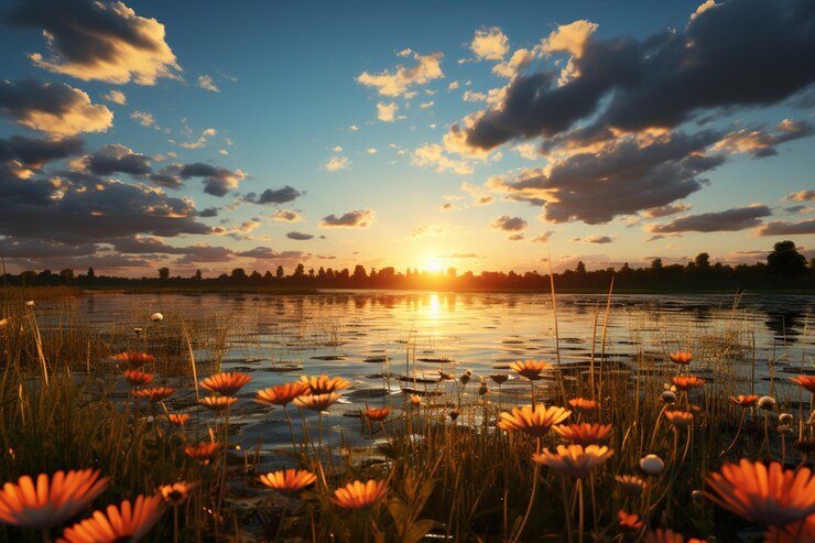 El sol se está poniendo sobre un lago con pads de lirio