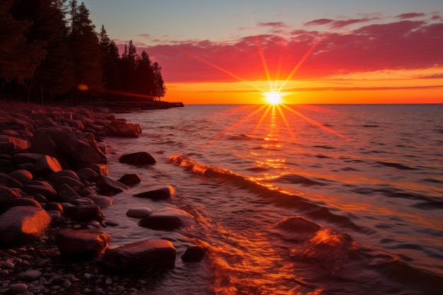 el sol se está poniendo sobre un lago con rocas en la orilla