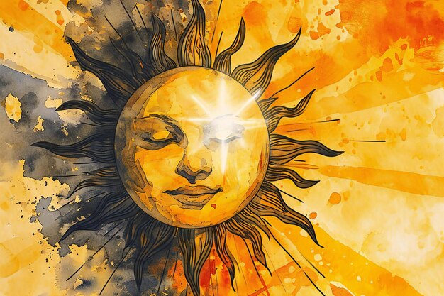 Sol y estallido de sol Ilustración dibujada a mano con efecto grunge