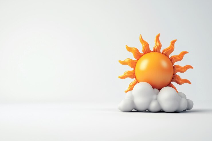 Un sol estilizado que se levanta sobre nubes esponjosas que simbolizan el calor y la positividad