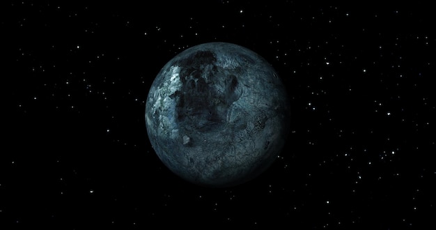 El sol ficticio de Eris sale en la vista frontal de fondo oscuro del planeta eris desde el espacio vista 3d completa de la resolución 4k de eris