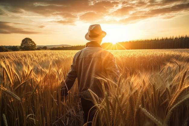 Sol y un hombre en un campo de trigo.