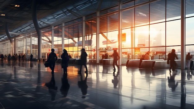 El sol ilumina el vestíbulo de un aeropuerto con la gente alrededor durante la puesta de sol