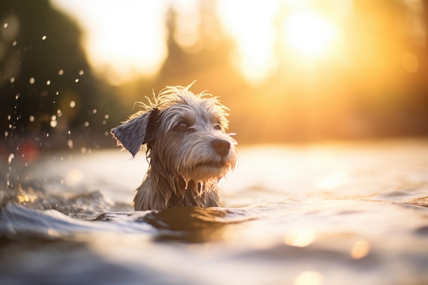Sol iluminando a água em torno do cão