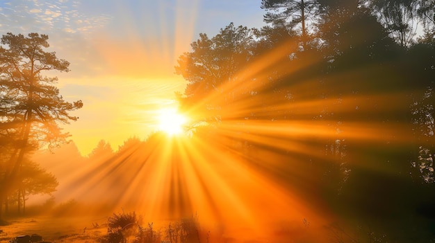 Foto el sol se levanta sobre un bosque brumoso proyectando un resplandor dorado en los árboles y el suelo el cielo es de un azul profundo y el sol es de un amarillo brillante