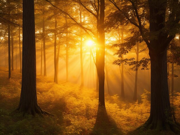 El sol se levanta sobre el horizonte proyectando un resplandor dorado sobre el bosque