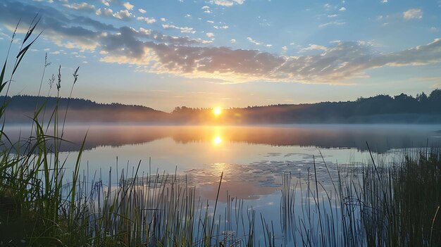 Foto el sol se levanta sobre un lago con un lago en primer plano