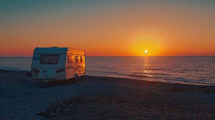 Foto sol naciendo sobre el horizonte del mar descanso de día y estacionamiento de caravanas en la playa orilla del mar viaje ia generativa