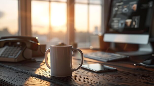 Sol naciente sobre una mesa de madera negra con un teléfono de computadora y una taza de café