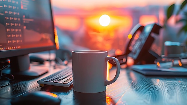 Foto sol naciente sobre una mesa de madera negra con un teléfono de computadora y una taza de café