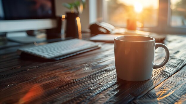 Sol naciente sobre una mesa de madera negra con un teléfono de computadora y una taza de café