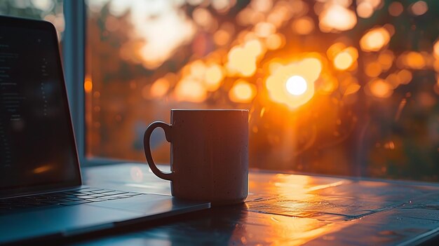 Sol nascente sobre uma mesa de madeira preta com um telefone de computador e xícara de café