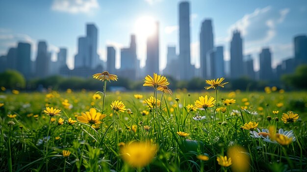 Foto sol no prado urbano com flores amarelas