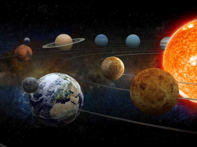 El sol y los nueve planetas de nuestro sistema en órbita Trazado de recorte incluido para los objetos de primer plano