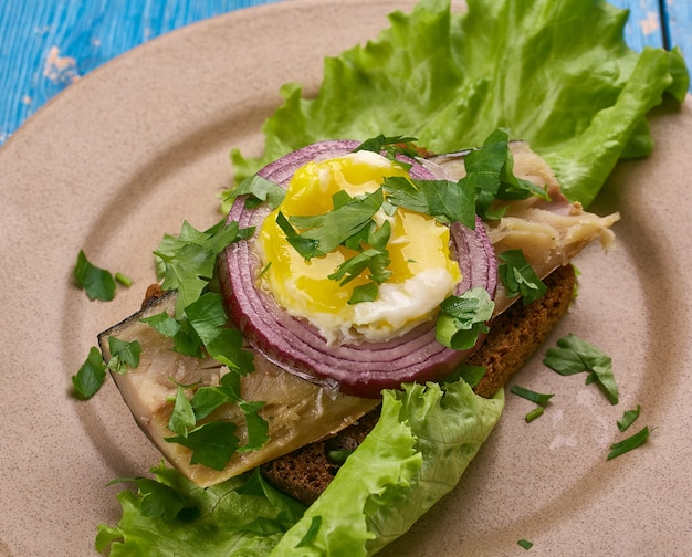 Sol over Gudhjem - dänisches Gericht, ein offenes Sandwich mit Rugbrod, geräuchertem Hering, Schnittlauch und einem rohen Eigelb, dänische Küche