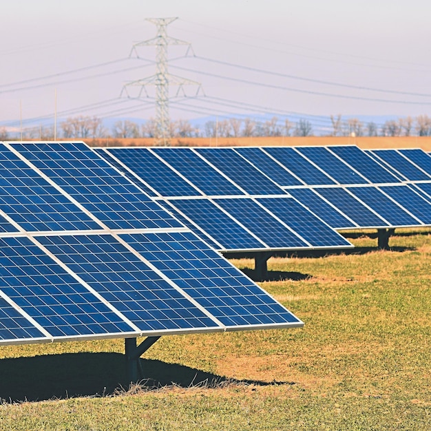 Sol y paneles solares en un campo Planta de energía solar Concepto industrial y ecológico para la naturaleza y tecnología ecológica