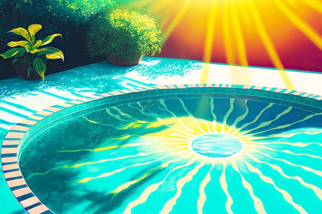 Sol en piscina junto a piscina en el patio trasero durante el verano