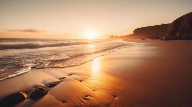 El sol se pone sobre el agua en la playa Imagen AI generativa