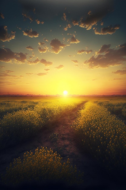 El sol se pone sobre un campo de flores amarillas ai generativo