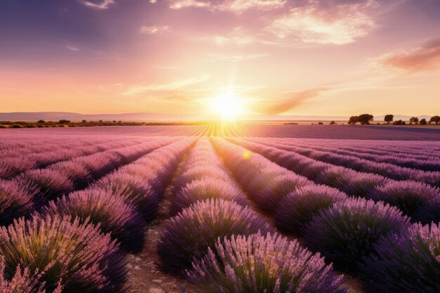 El sol se pone sobre un campo de lavanda IA generativa