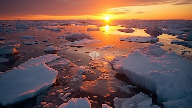El sol se pone sobre los hielos flotantes en el océano ártico