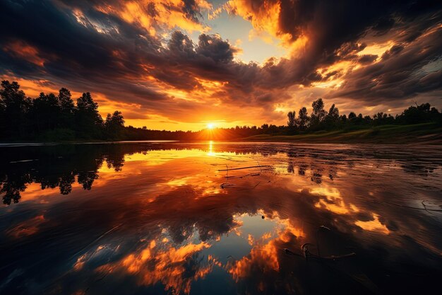 El sol se pone sobre un lago con árboles en el fondo