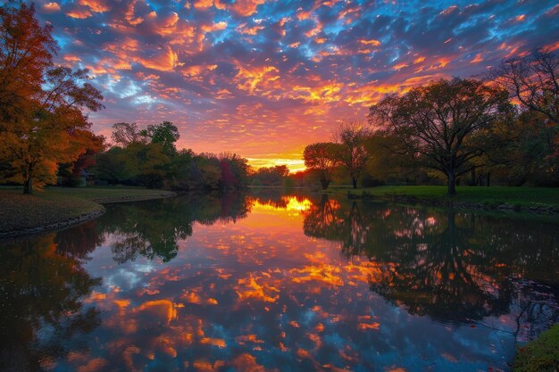 El sol se pone sobre un lago con árboles en el fondo