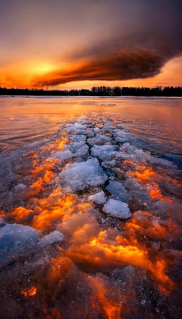 El sol se pone sobre un lago congelado ai generativo